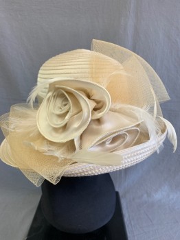 Womens, Hat , Forbusite, Beige, Polyester, Basket Weave, Ruffled Flowers with Feathers, Bow