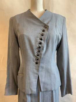 Womens, 1940s Vintage, Suit, Jacket, MTO, Gray, Wool, Solid, W24, B36, H34, Asymmetrical V-N, 2 Pockets, 10 Black Curved Buttons,