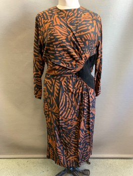 Womens, Dress, SILKS BY ST. GILLIAN, Black, Brown, Silk, Abstract , W:30, B:36, L/S, Round Neck, Wrapped Front with Gathers Around Black Faux Suede Panel at Waist, Knee Length