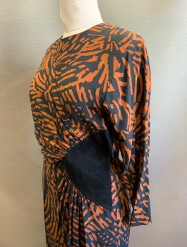 Womens, Dress, SILKS BY ST. GILLIAN, Black, Brown, Silk, Abstract , W:30, B:36, L/S, Round Neck, Wrapped Front with Gathers Around Black Faux Suede Panel at Waist, Knee Length