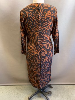 SILKS BY ST. GILLIAN, Black, Brown, Silk, Abstract , L/S, Round Neck, Wrapped Front with Gathers Around Black Faux Suede Panel at Waist, Knee Length