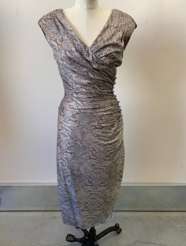 SAMIR, Taupe, Black, Silver Metallic, Polyester, Reptile/Snakeskin, Dots, Stretchy, Cap Sleeves with Shoulder Pads, V-Neck, Ruched at 1 Side with Large Silver Rhinestones Along Seam, Fitted, Hem Below Knee