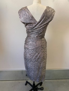 SAMIR, Taupe, Black, Silver Metallic, Polyester, Reptile/Snakeskin, Dots, Stretchy, Cap Sleeves with Shoulder Pads, V-Neck, Ruched at 1 Side with Large Silver Rhinestones Along Seam, Fitted, Hem Below Knee