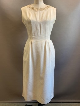 Womens, Evening Gown, NO LABEL, Ivory White, Polyester, Solid, W26, B34, H34, Sleeveless, Boat Neck, Embroiderred Flowers with Gems on Neckline, Vertical Seams, Side Pockets, Back Zipper,
