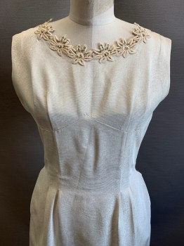 NO LABEL, Ivory White, Polyester, Solid, Sleeveless, Boat Neck, Embroiderred Flowers with Gems on Neckline, Vertical Seams, Side Pockets, Back Zipper,