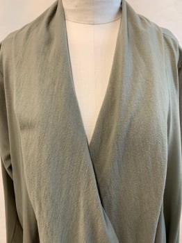 LIVI ACTIVE, Lt Olive Grn, Polyester, Rayon, Solid, Shawl Collar, Asymmetric Hem, Opened Front, Long Sleeves