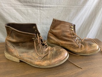 Mens, Boots 1890s-1910s, EASTLAND, Brown, Leather, Solid, 12, Aged/Distressed,  Cap Toe, Lace Up