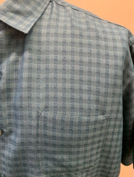 Mens, Casual Shirt, VAN HEUSEN, Teal Blue, Rayon, Solid, Check , L, S/S, Button Front, C.A., 1 Pocket, Self Check