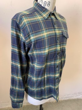 Mens, Casual Shirt, PATAGONIA, Green, Navy Blue, Tan Brown, White, Cotton, Plaid, M, Long Sleeves, Button Front, Collar Attached, 1 Pocket,