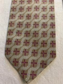 Mens, Tie, Giorgio Armani, Gray, Dk Olive Grn, Maroon Red, Silk, Abstract , Plaid, Wide ,windowpane with Diagonal Swiggle Pattern Overtop