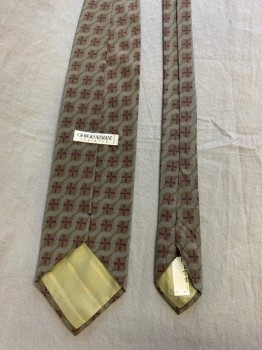 Mens, Tie, Giorgio Armani, Gray, Dk Olive Grn, Maroon Red, Silk, Abstract , Plaid, Wide ,windowpane with Diagonal Swiggle Pattern Overtop