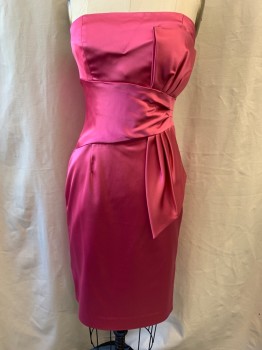 MAGGY BOUTIQUE, Raspberry Pink, Acetate, Nylon, Solid, Strapless, Square Neckline, Large Attached Waist Band, Vertical Bow, Zip Back, Midi