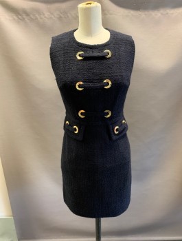 Womens, Dress, Sleeveless, MILLY, Black, Wool, Polyester, Solid, 2, Boucle, C/N,W/ Gold Grommet Lacing at CF, BK Zipper, Faux Front Pockets.