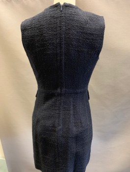 Womens, Dress, Sleeveless, MILLY, Black, Wool, Polyester, Solid, 2, Boucle, C/N,W/ Gold Grommet Lacing at CF, BK Zipper, Faux Front Pockets.