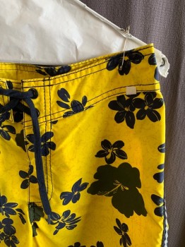 Mens, Swim Trunks, HURLEY, Yellow, Navy Blue, Silver, Polyester, Hawaiian Print, W29, Lace Waistband, Back Pocket, Reflective Strip