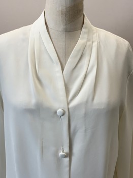 LESLIE FAY, Cream, Polyester, Solid, Pleated Neck, B.F.,  Covered Btns, L/S