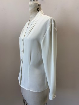 LESLIE FAY, Cream, Polyester, Solid, Pleated Neck, B.F.,  Covered Btns, L/S