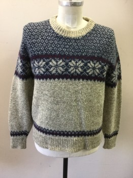 Mens, Sweater, FIELDMASTER, Navy Blue, Gray, Cream, Red Burgundy, Wool, Nylon, Fair Isle, L, Pullover, Navy Top with Cream Speckles, Cream Snowflakes Across Chest, Gray/Cream Lower, Ribbed Knit Crew Neck/Waistband/Cuff