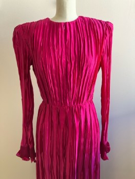 Womens, Evening Gown, ANDREW GN, W: 25, B: 33, Hot Pink, Round Neck, L/S, Plisse Pleats, Zip Front Detail On Bodice, Zip Back,