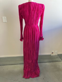 Womens, Evening Gown, ANDREW GN, W: 25, B: 33, Hot Pink, Round Neck, L/S, Plisse Pleats, Zip Front Detail On Bodice, Zip Back,