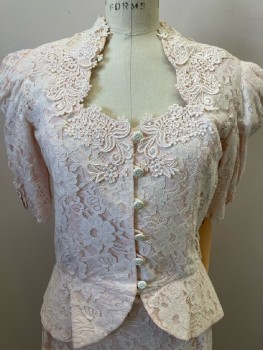 CACHET, Pale Pink with Cream Floral Lace Over layer, Poofy S/S, Sweetheart Neck, Floral Lace Appliqué Detail, B.F., Flared Peplum