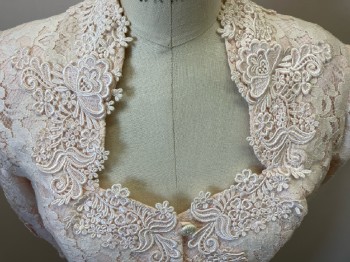 CACHET, Pale Pink with Cream Floral Lace Over layer, Poofy S/S, Sweetheart Neck, Floral Lace Appliqué Detail, B.F., Flared Peplum