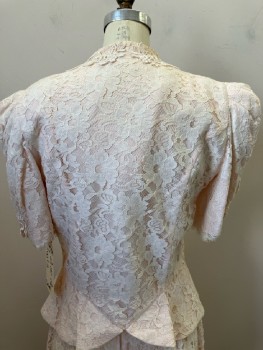 Womens, 1980s Vintage, Top, CACHET, B36, Pale Pink with Cream Floral Lace Over layer, Poofy S/S, Sweetheart Neck, Floral Lace Appliqué Detail, B.F., Flared Peplum