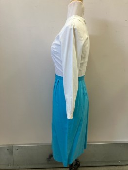 N/L, Dress - White Cotton L/S, Bodice, Pointed Collar, Lace Ruffles CF, Turquoise Neck Tie & Long Straight Skirt * Matching BELT