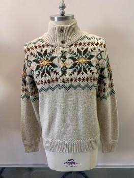 Mens, Pullover Sweater, POLO RALPH LAUREN, Beige, Multi-color, Wool, Linen, Geometric, L, Mock Neck, 4 Buttons, Brown Elbow Patches, Dark Green Zigzags, Dark Brown, Yellow, And Green Stars