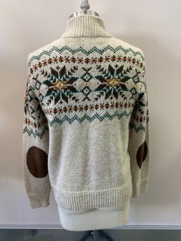 Mens, Pullover Sweater, POLO RALPH LAUREN, Beige, Multi-color, Wool, Linen, Geometric, L, Mock Neck, 4 Buttons, Brown Elbow Patches, Dark Green Zigzags, Dark Brown, Yellow, And Green Stars