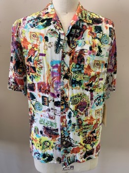 Mens, Casual Shirt, JPG JEANS, White, Multi-color, Rayon, Novelty Pattern, L, Abstract People, Skulls, Devils, Hearts & Snakes, Short Sleeves, Button Front, Collar Attached, 1 Pocket,