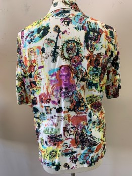 JPG JEANS, White, Multi-color, Rayon, Novelty Pattern, Abstract People, Skulls, Devils, Hearts & Snakes, Short Sleeves, Button Front, Collar Attached, 1 Pocket,