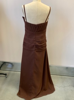 Womens, Evening Gown, CINDY, Chocolate Brown, Polyester, Solid, W32, B38, L, Spaghetti Straps, Pleated Bodice With Seed Beads, Pleated Waist with Floral Applique And Beads, CB Zipper,