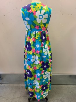 Womens, Dress, Nalii Honolulu, Turquoise Blue, Purple, Lime Green, Neon Pink, Yellow, Cotton, Floral, W27, B31, H43, Sleeveless, V Neck, 3 Chest Button, Pocket on Right Side