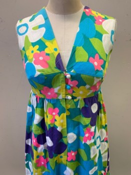 Womens, Dress, Nalii Honolulu, Turquoise Blue, Purple, Lime Green, Neon Pink, Yellow, Cotton, Floral, W27, B31, H43, Sleeveless, V Neck, 3 Chest Button, Pocket on Right Side