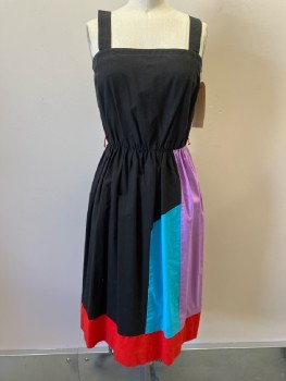 TONI TODD, Black Purple Red Turquoise Color Block, Cotton, Slvls, Pullover, Elastic Waist, 1/2" Shoulder Straps