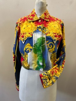 VERSACE, Red/Yellow/Royal/Green Sun Face Baroque Print Cotton, Concealed B.F., C.A., 2 Point Flap Pckt, with Gold Tips And Studs, Cropped, L/S, Button Cuffs