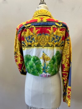 VERSACE, Red/Yellow/Royal/Green Sun Face Baroque Print Cotton, Concealed B.F., C.A., 2 Point Flap Pckt, with Gold Tips And Studs, Cropped, L/S, Button Cuffs
