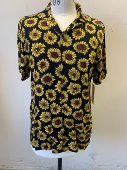 Mens, Casual Shirt, FOREVER 21 MEN, Black, Yellow, Brown, Rayon, Floral, M, Short Sleeves, Button Front, Collar Attached, Sunflowers