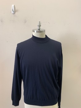 Mens, Pullover Sweater, Boss, Navy Blue, Wool, Solid, L, Collar Attached, Long Sleeves,