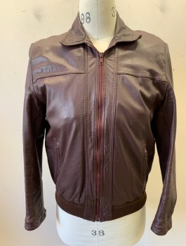 Mens, Leather Jacket, ECHTES LEDER, Red Burgundy, Leather, Solid, 42, Zip Front, Collar Attached, 2 Welt Pockets, Rib Knit Waistband, Burgundy Lining