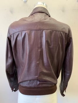 Mens, Leather Jacket, ECHTES LEDER, Red Burgundy, Leather, Solid, 42, Zip Front, Collar Attached, 2 Welt Pockets, Rib Knit Waistband, Burgundy Lining