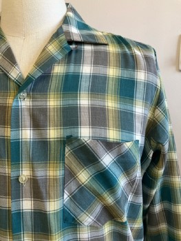 Mens, Shirt, N/L, 34, 15.5, Dk Teal/ Multi-color, Plaid, C.A., B.F., L/S, 2 Pocket