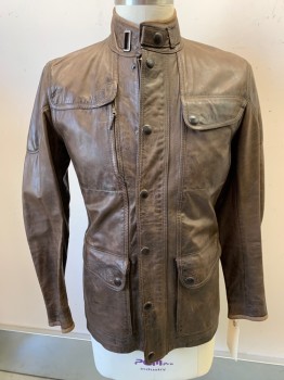 Mens, Leather Jacket, MATCHLESS, Brown, Leather, Solid, L, British Motorcycle Jacket, Zip/snap Front, Stand Collar, 3 Pocket Flap, Zip Cuffs, Has Belt Loops But No Belt,