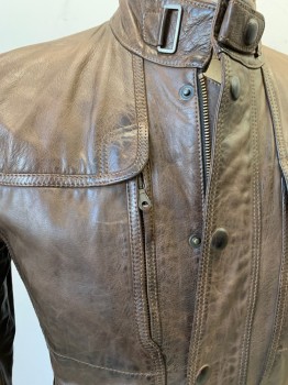 Mens, Leather Jacket, MATCHLESS, Brown, Leather, Solid, L, British Motorcycle Jacket, Zip/snap Front, Stand Collar, 3 Pocket Flap, Zip Cuffs, Has Belt Loops But No Belt,