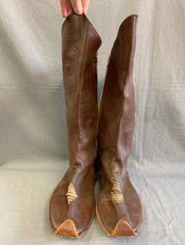 N/L, Brown, Leather, Knee Height with Pointed Leg Opening in Front, Turkish Style Curled Toes, Beige Leather Stitching at Sides, Zipper, Made To Order