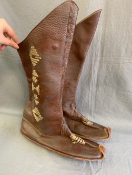 Mens, Historical Fiction Boots , N/L, Brown, Leather, 11, Knee Height with Pointed Leg Opening in Front, Turkish Style Curled Toes, Beige Leather Stitching at Sides, Zipper, Made To Order