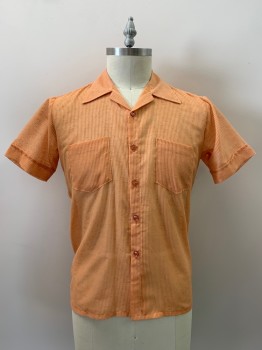 NO LABEL, Orange, Lt Orange, Polyester, Cotton, Stripes, S/S, Button Front, Collar Attached, Chest Pocket,