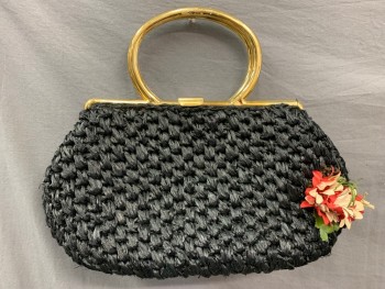 Womens, Purse, KORET, Black, Gold, Synthetic, Leather, Solid, 12", 14"x, Black 'Straw' Body with Faux Flowers, Straw is Loose Around the Flowers, Gold Handle, Pink Leather Lining,