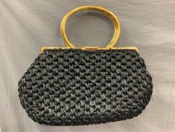 Womens, Purse, KORET, Black, Gold, Synthetic, Leather, Solid, 12", 14"x, Black 'Straw' Body with Faux Flowers, Straw is Loose Around the Flowers, Gold Handle, Pink Leather Lining,